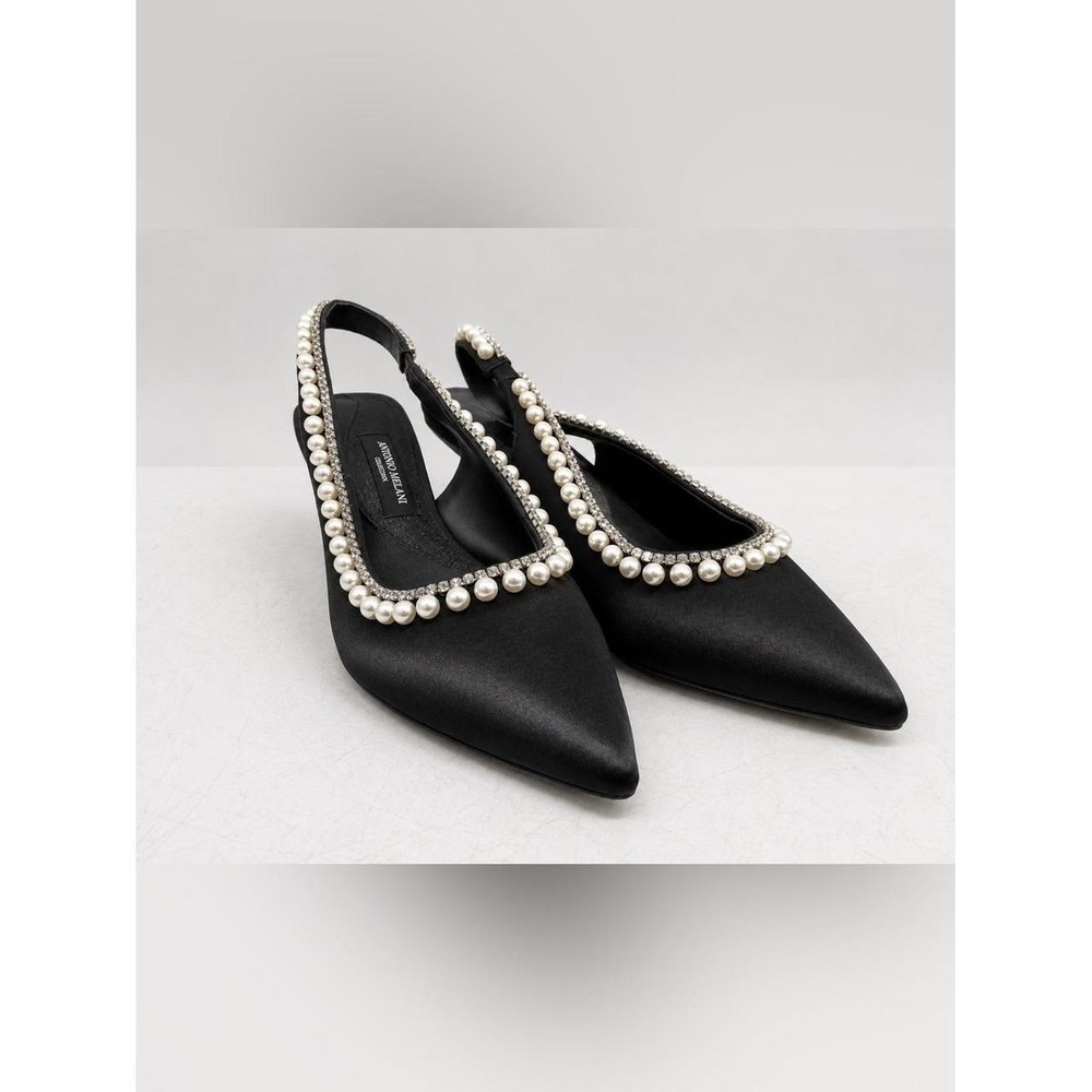 Antonio Melani Slingback Pumps Women 9.5M Black Excellent Pearl Rhinestone Satin